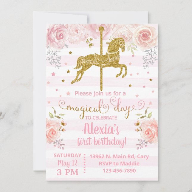 Invitación Gold carousel horse birthday invitation (Front)