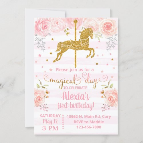 Invitacin Gold carousel horse birthday invitation