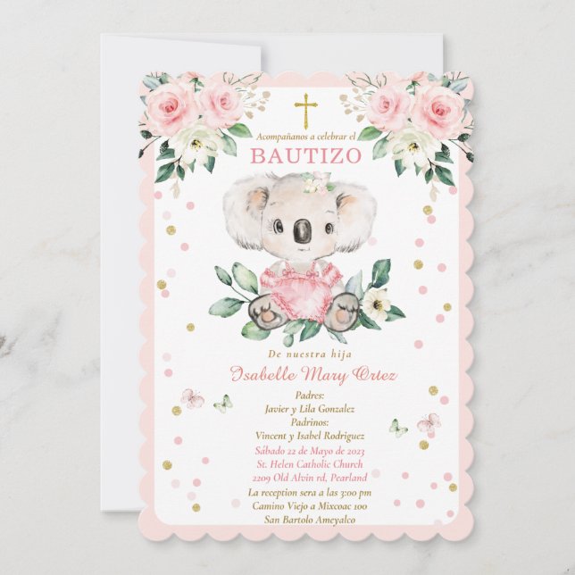 Invitación Koala para el bautizo de nuestra hija Invitation (Front)