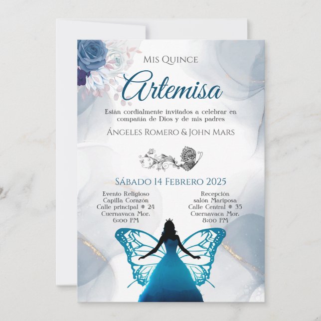 Invitación mariposa azul quincañera invitation (Front)