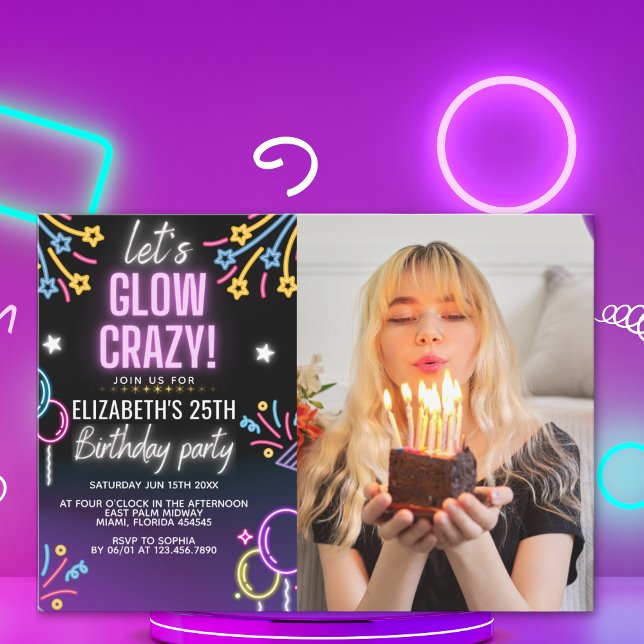 Invitación Neon Glow - Birthday Party with Photo Invitation (Creator Uploaded)