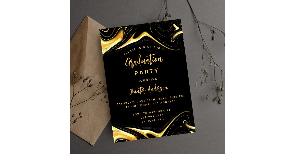 Invitación Partido de graduación oro negro moderno