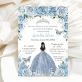 Invitaciones Acrílicas Quinceañera XV Bebé Floral Azul Princesa Plata