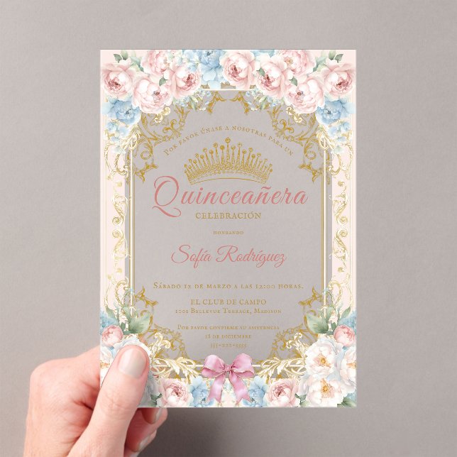Invitación quinceañera floral con corona elegante acrylic invitations (Insitu (Handheld))