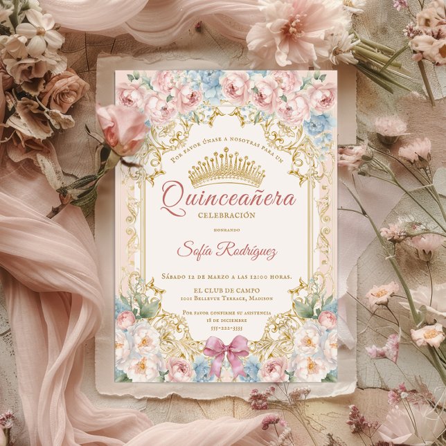 Invitación quinceañera floral con corona elegante announcement (Invitación quinceañera floral con corona elegante announcement)