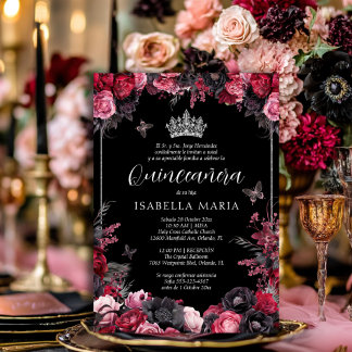 Invitación Quinceañera floral gótica rosada, roja Invitation