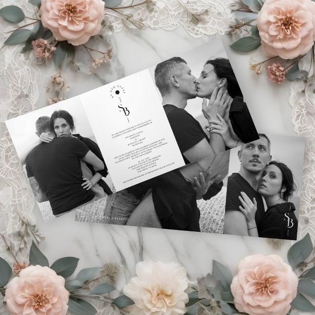 Invitación Tríptica Exquisite Minimalist Black Whi Tri-Fold Invitation (Exquisite Chic Minimalist Black & White Wedding Initials 4 Photos Invitation Tri-Fold Card.)
