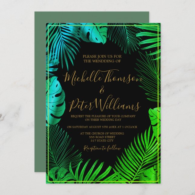 Invitación tropical gold watercolor wedding invitation (Front/Back)
