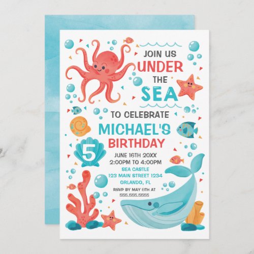 Invitacin Under the Sea blue and coral birthday i Invitation