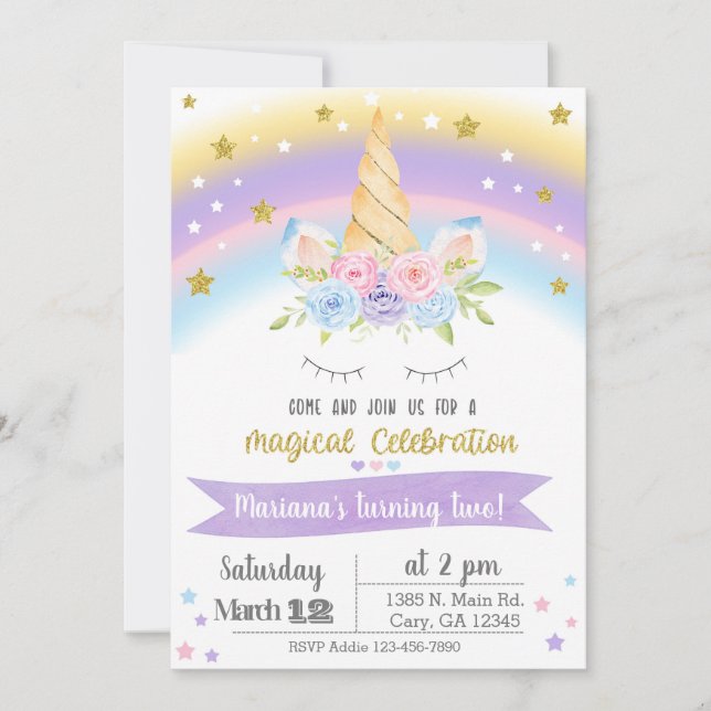 Invitación Unicorn birthday invitation, girl invit Invitation (Front)