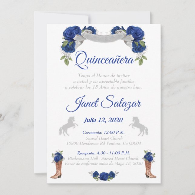 Invitaciones charro Quinceañera Charra Blue Silver Invitation (Front)