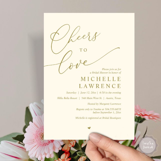 Invitation (Cheers to love, Romantic Bridal Shower Party Invitation Card, PDF, in Retro Yellow Gold)