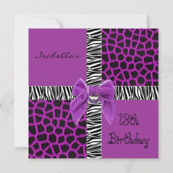 Invitation 13th Teen Birthday Wild Purple Animal by Label_That at Zazzle