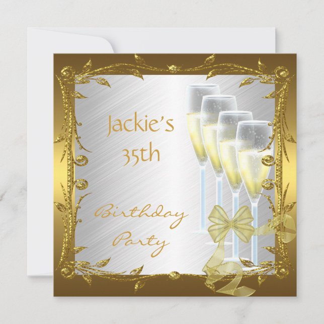 Invitation 35th Birthday Party Elegant White Gold (Front)