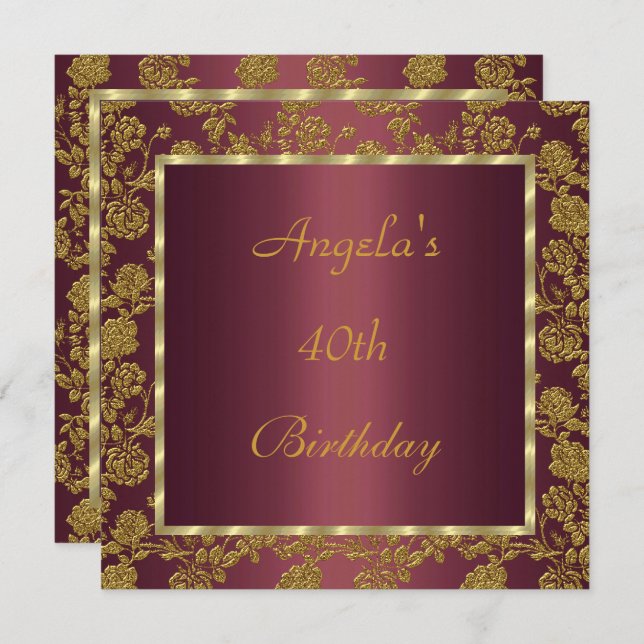 invitation 40th Birthday gold  Burgundy floral (Front/Back)