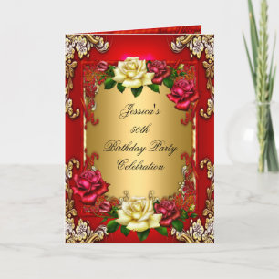 Invitation 50th Birthday Party Red Gold Rose