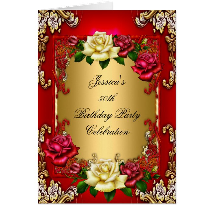 Invitation 50th Birthday Party Red Gold Rose Greeting Cards