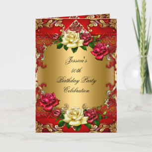 Invitation 50th Birthday Party Red Gold Rose Lace