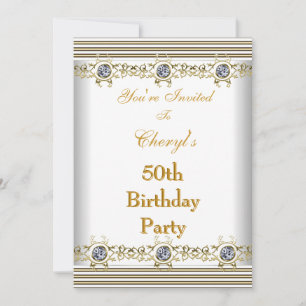 Invitation 50th Birthday Party White Silver Gold