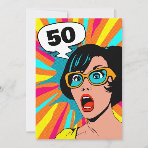 Invitation 50th birthday surprised woman pop art