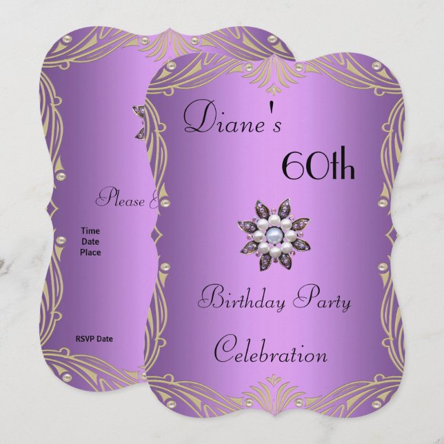 Invitation 60th Birthday Floral Mauve Pearl Jewel (Front/Back)