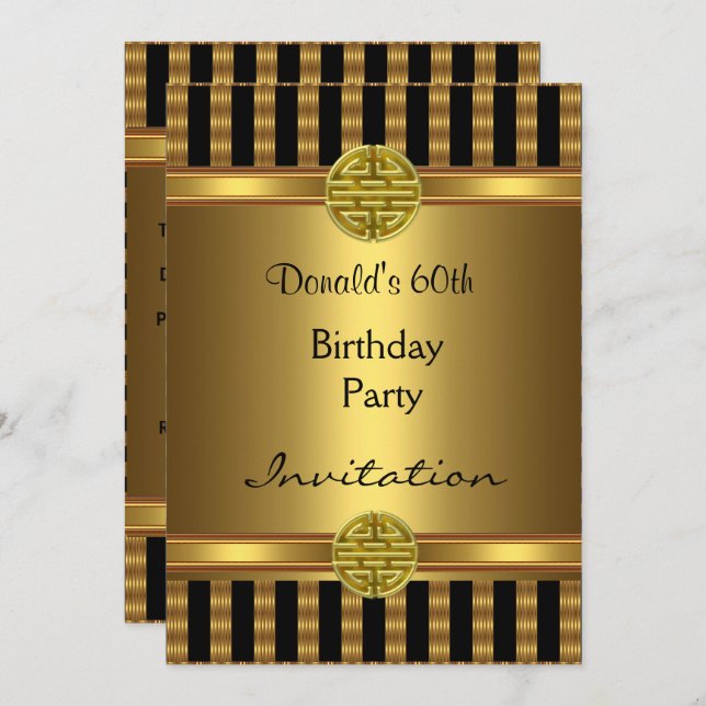 Invitation 60th Birthday Party Black Gold Mens (Front/Back)