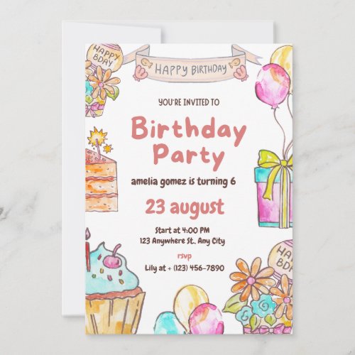 Invitation 6th BirthdayPink Watercolor  for Girls