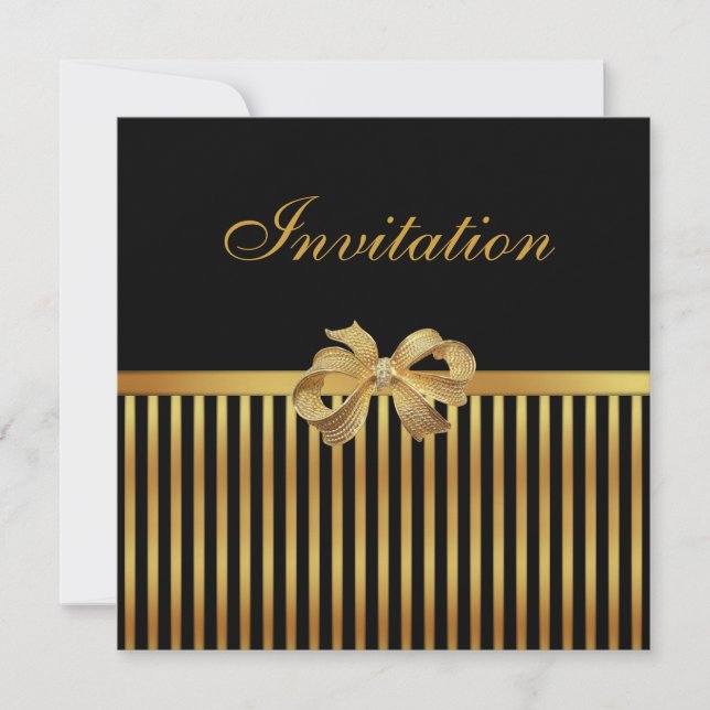 Invitation All Occasion Gold Black Stripe Gold Bow (Front)