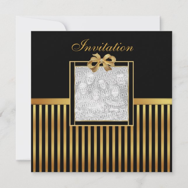 Invitation All Occasion Gold Black Stripe Gold Bow (Front)