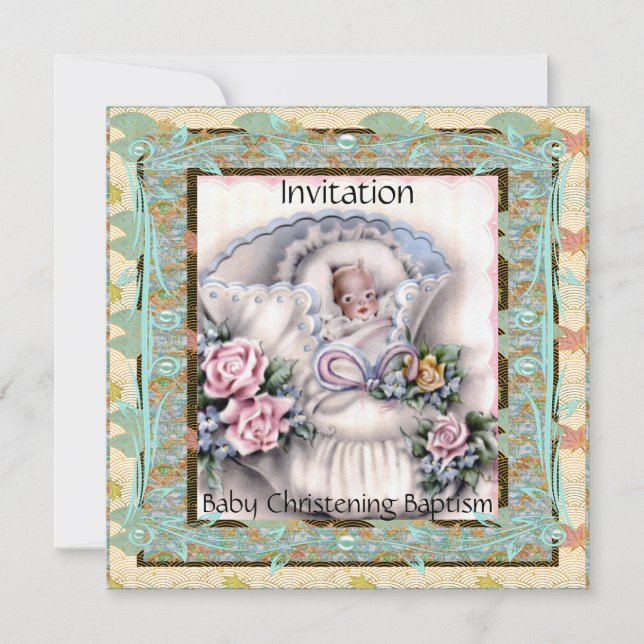 Invitation Baby Christening Baptism Teal Vintage (Front)