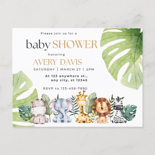 invitation baby shower animals safari postcard