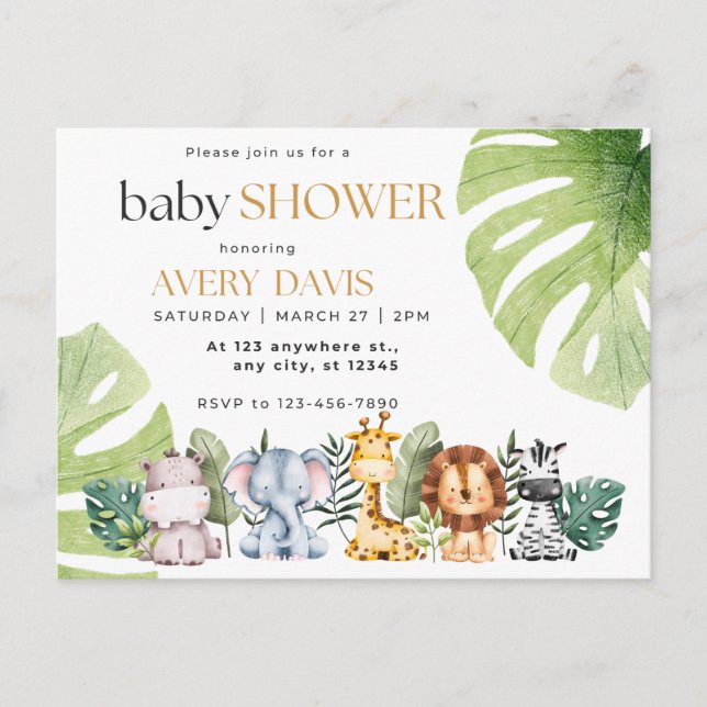 invitation baby shower, animals, safari postcard (Front)
