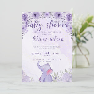 invitation baby shower purple elephant flowers