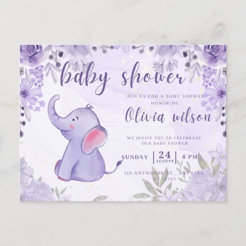 invitation baby shower purple elephant flowers postcard