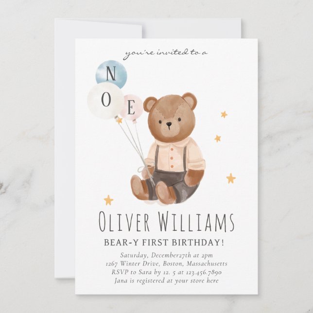 Invitation bear 1st birthday blue balloon (Front)