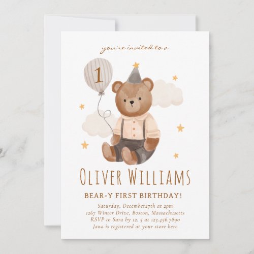Invitation bear 1st birthday blue balloon