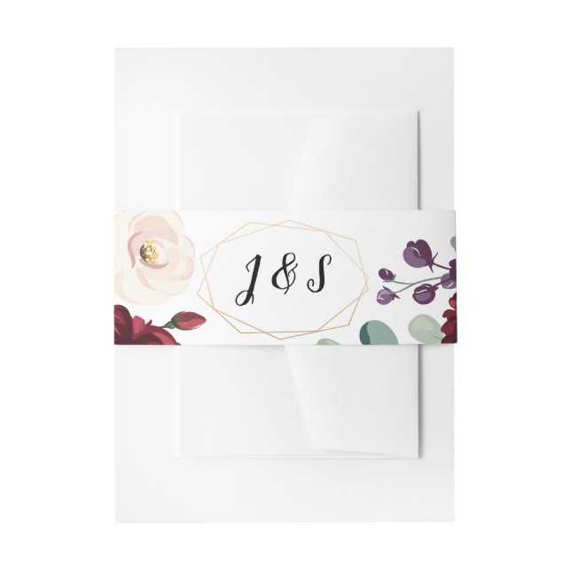 Invitation Belly Band White Roses Gold Geometric (Front Example)