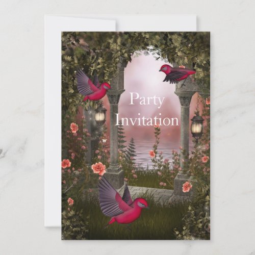Invitation Birds Free Party Invite Red Pink mystic