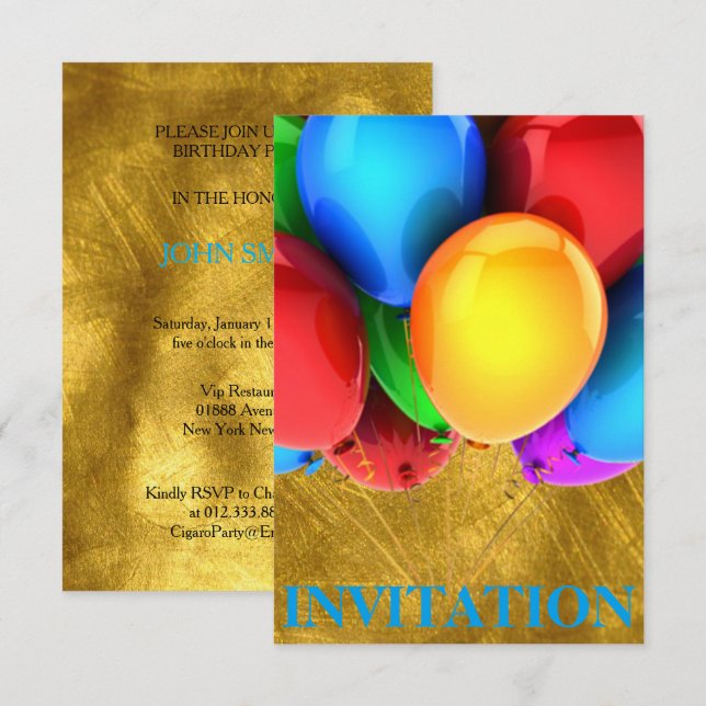 Invitation Birthday Carnival Ballons Gold (Front/Back)