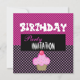 Invitation Birthday Girls Cupcake Pink Spot