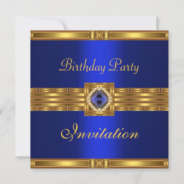 Invitation Birthday Gold on Gold Blue Jewel (Front)