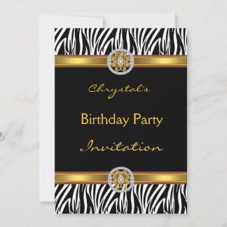 Invitation Birthday Party Animal Zebra Gold Jewel