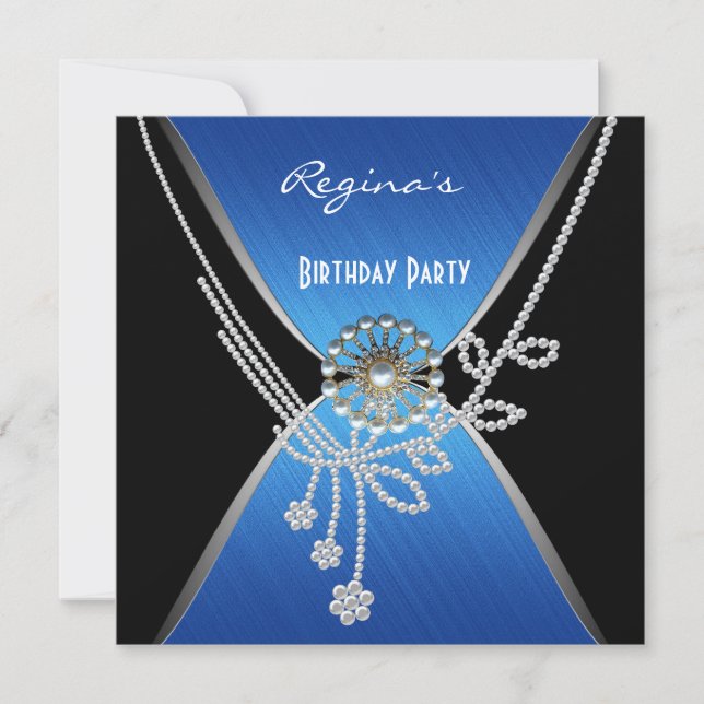 Invitation Birthday Party Black Blue Silver Pearl (Front)