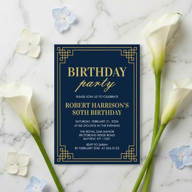 Invitation Birthday Party Navy Gold Art Deco 80th (Creator Uploaded)