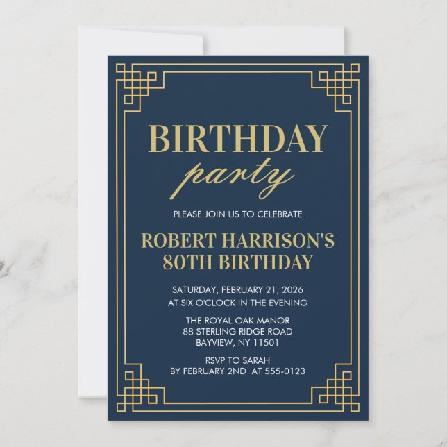 Invitation Birthday Party Navy Gold Art Deco 80th (Front)