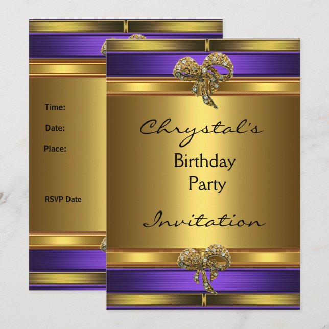 Invitation Birthday Party Purple Gold Jewel Bow (Front/Back)