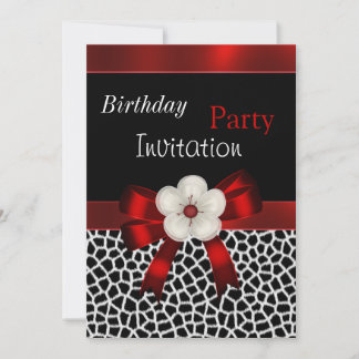 Invitation Birthday Party Red Black Floral Bow