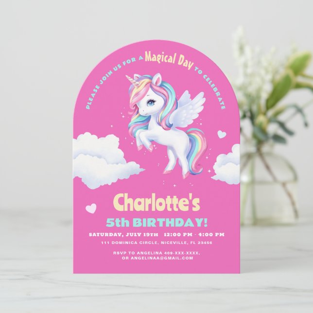 Invitation birthday party with unicorn. (Standing Front)