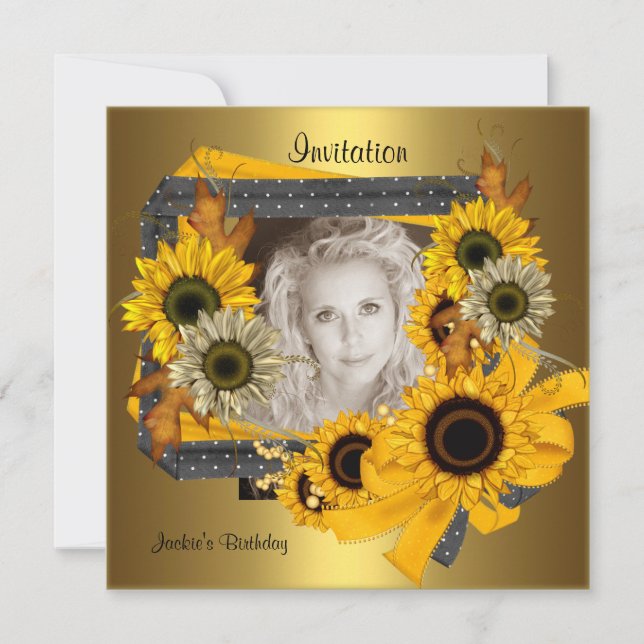 Invitation Birthday Photo Sunflower Gold Frame (Front)