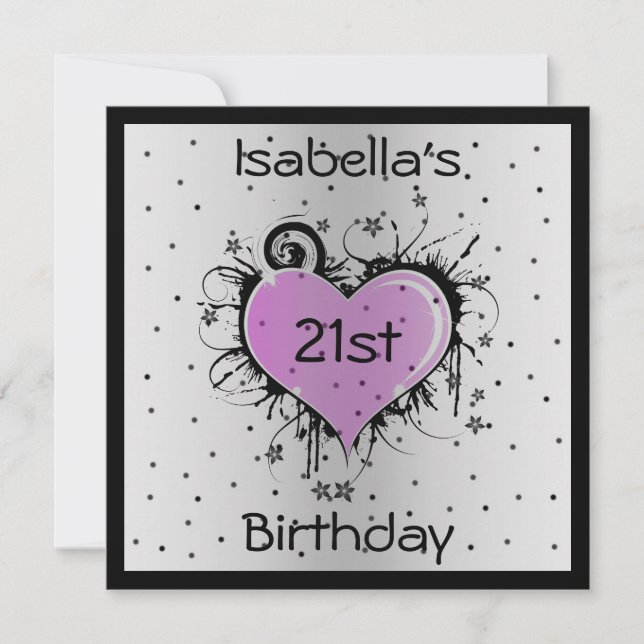 Invitation Birthday Purple Heart on Black (Front)